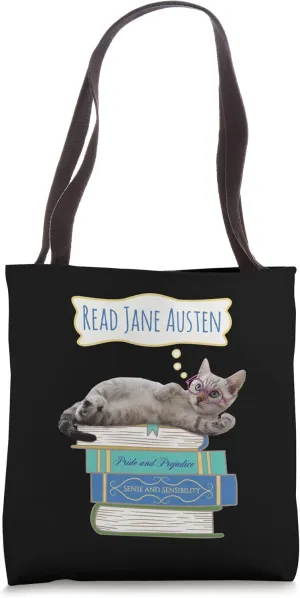 Jane Austen Pride and Prejudice Book Stack Cat Tote Bag