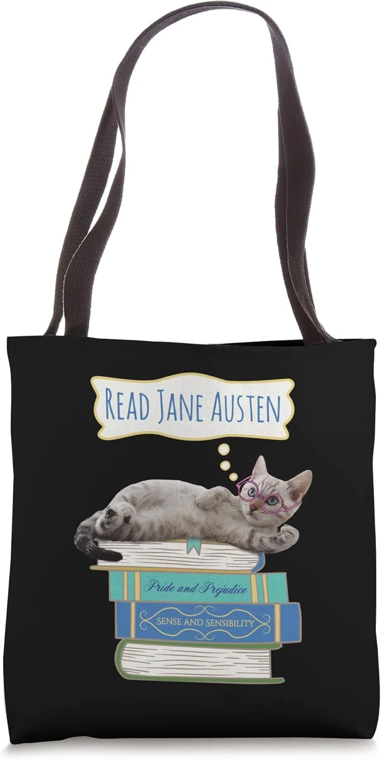 Jane Austen Pride and Prejudice Book Stack Cat Tote Bag