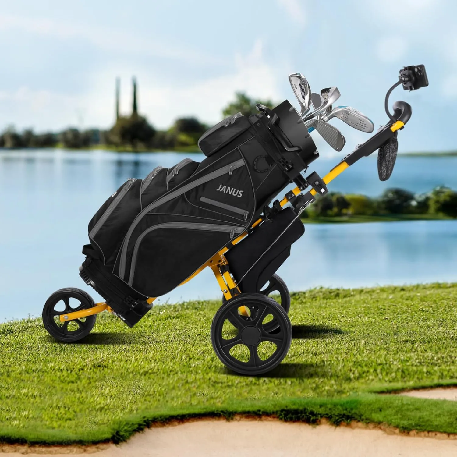 JANUS Golf Cart, Golf Bag cart, Foldable Golf Push cart,Golf Pull cart,3 Wheel Golf Push carts，with Gooseneck Phone Holder