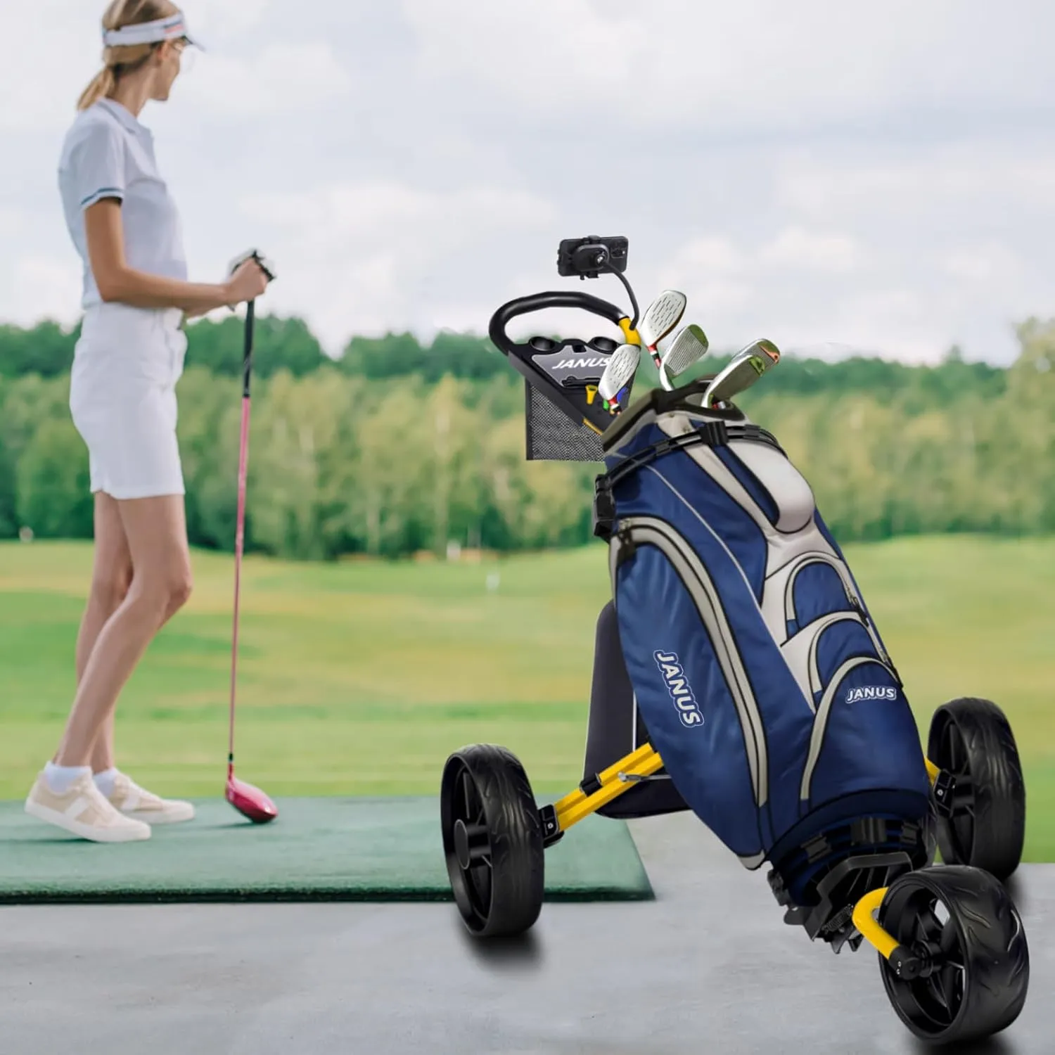 JANUS Golf Cart, Golf Bag cart, Foldable Golf Push cart,Golf Pull cart,3 Wheel Golf Push carts，with Gooseneck Phone Holder