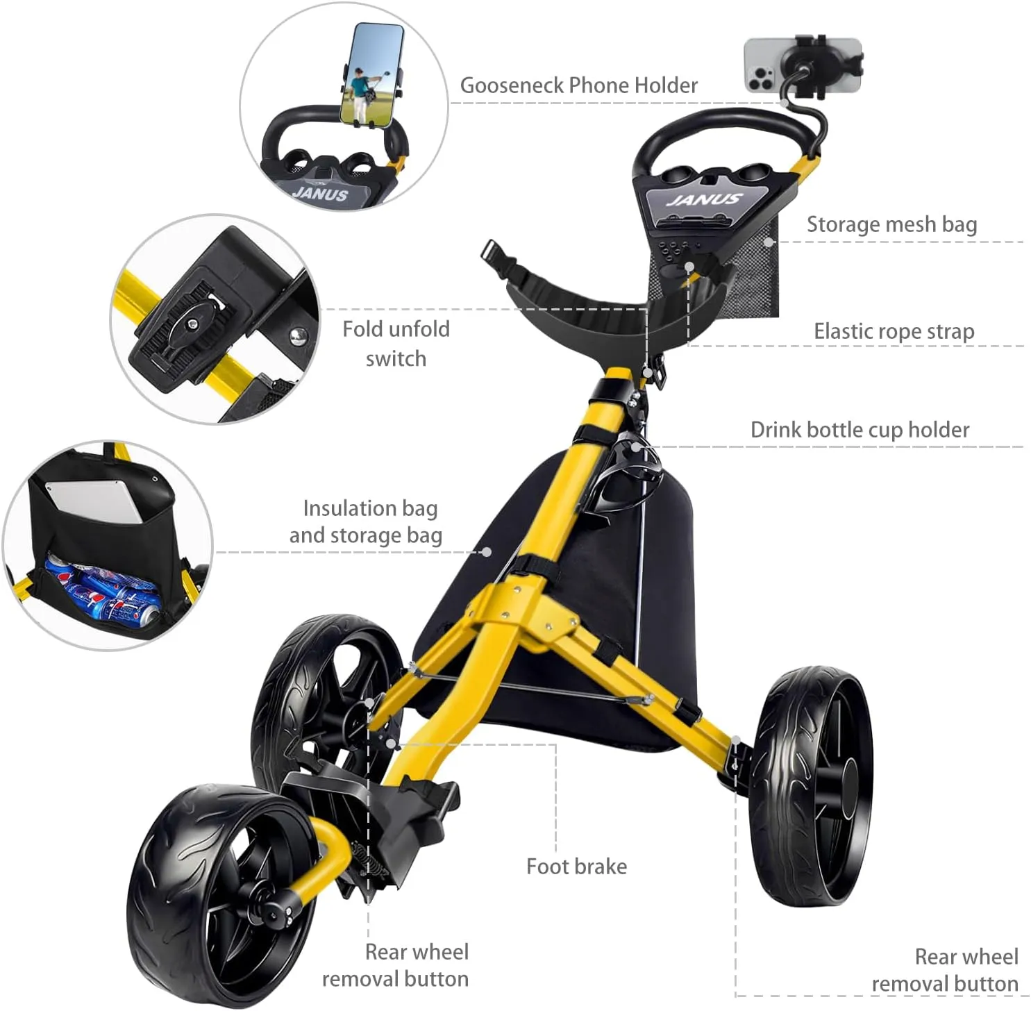JANUS Golf Cart, Golf Bag cart, Foldable Golf Push cart,Golf Pull cart,3 Wheel Golf Push carts，with Gooseneck Phone Holder