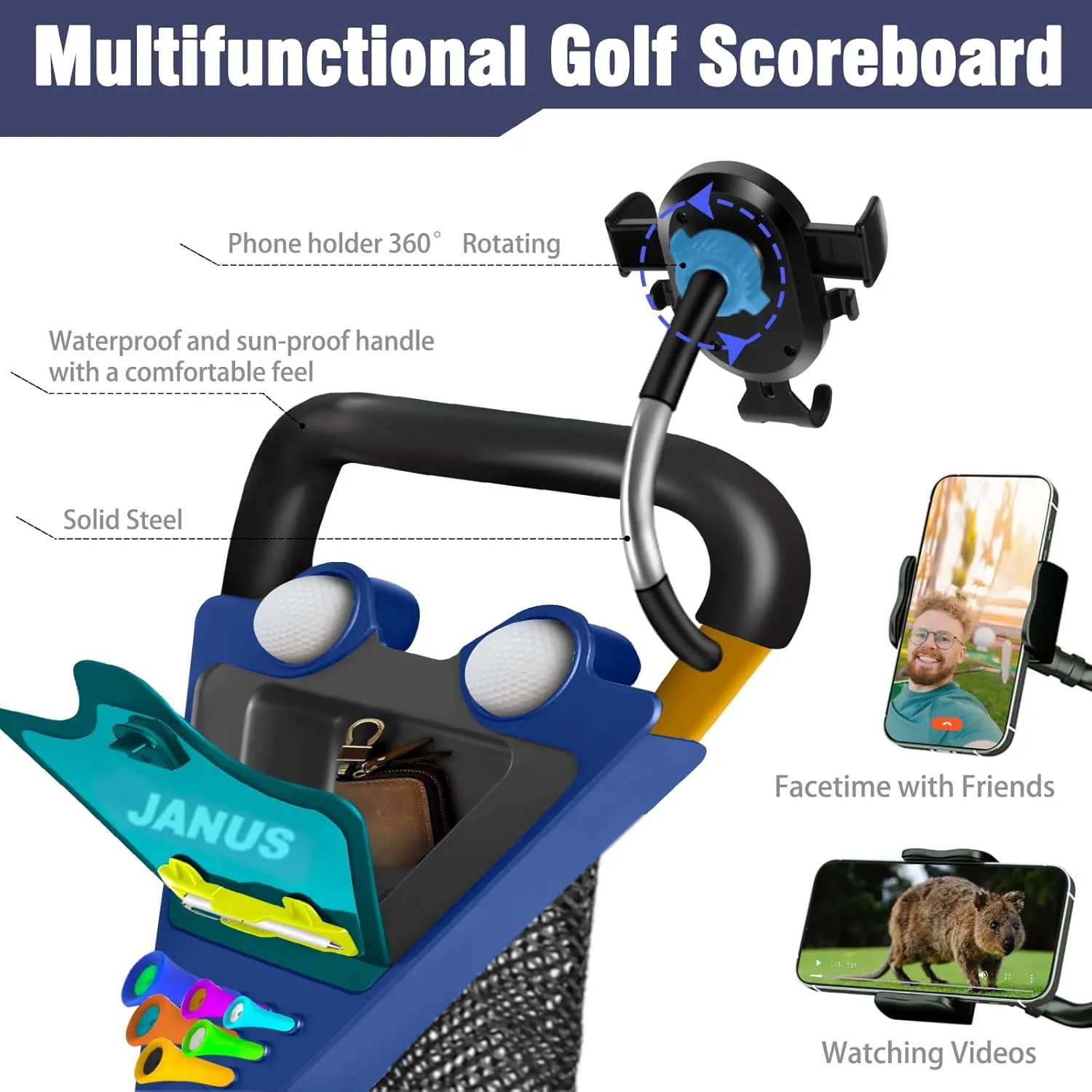 JANUS Golf Cart, Golf Bag cart, Foldable Golf Push cart,Golf Pull cart,3 Wheel Golf Push carts，with Gooseneck Phone Holder