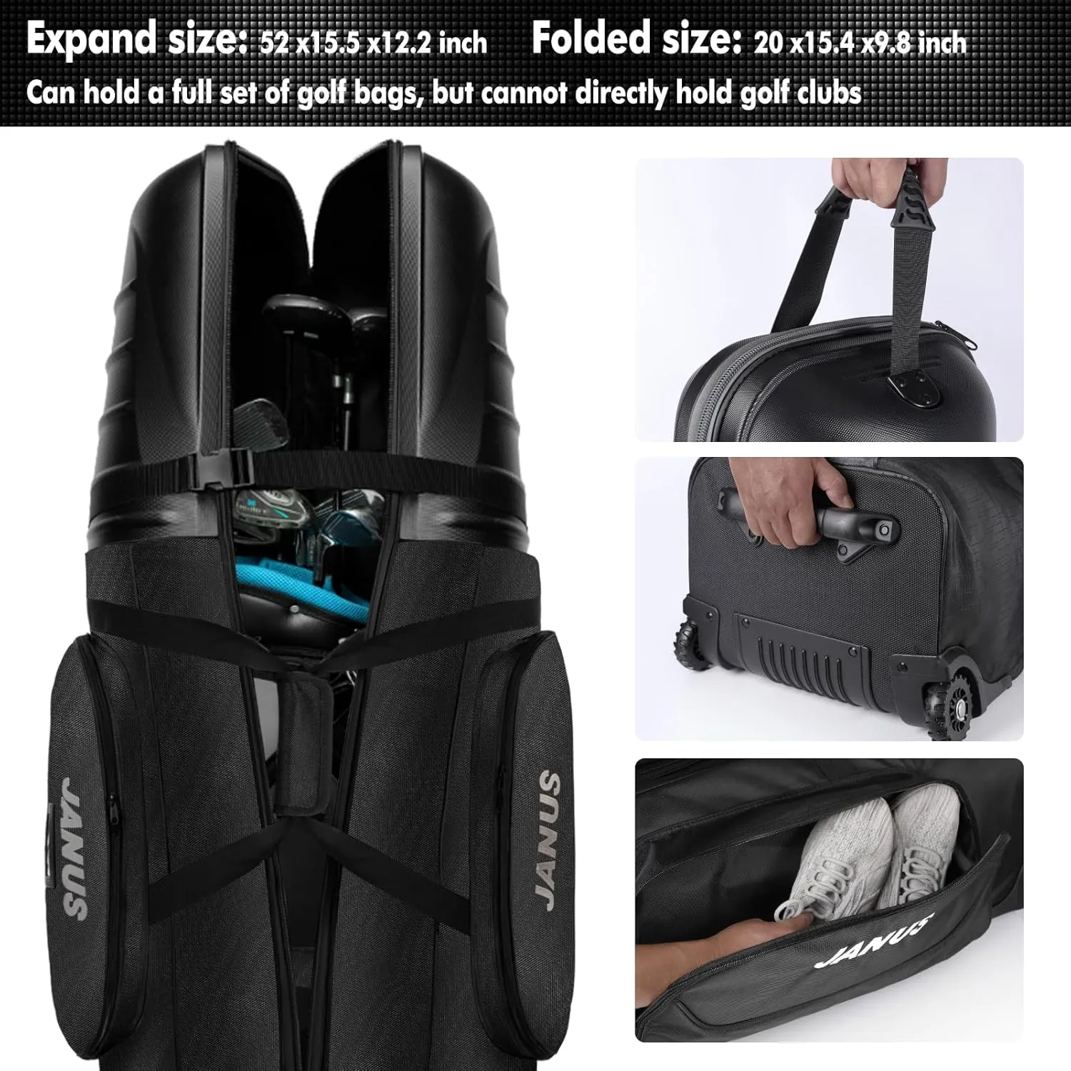 JANUS Golf Travel Bags for Airlines with Wheels, Hard Case Top and 1980D Heavy Duty Oxford Protect Golf Clubs, Lightweight and Easy to Maneuver