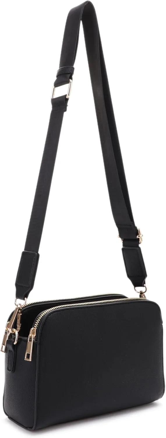 JESSIE & JAMES Triple Zip Crossbody Concealed Carry Bag Small Crossbody Camera Bag Purse with Wide Shoulder Strap