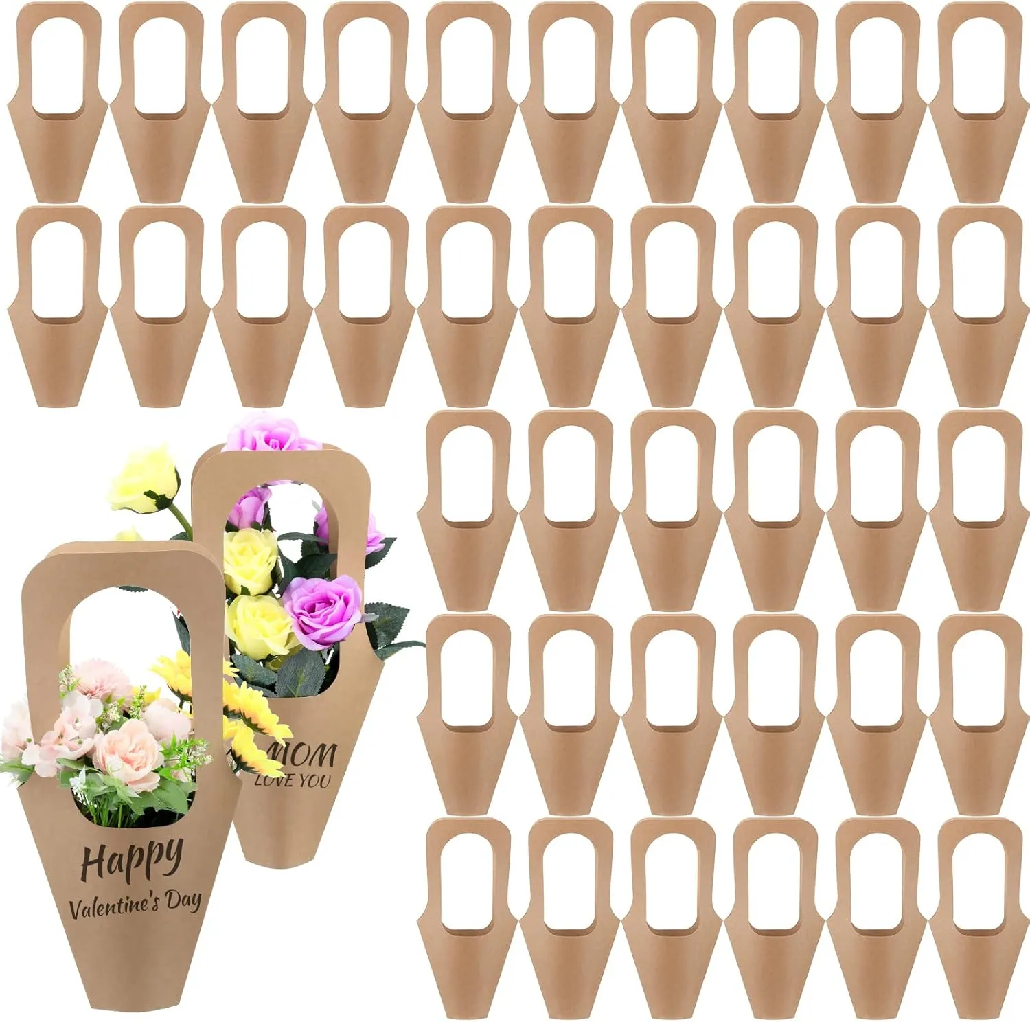 Jeyiour 40 Pcs Kraft Paper Flowers Gift Bags Bouquet with Handle Flower Wrapping Paper Bouquet Kraft Floral Bags Cone Flower Sleeves for Packaging Wedding Graduation Party(Brown)