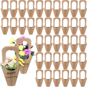 Jeyiour 40 Pcs Kraft Paper Flowers Gift Bags Bouquet with Handle Flower Wrapping Paper Bouquet Kraft Floral Bags Cone Flower Sleeves for Packaging Wedding Graduation Party(Brown)