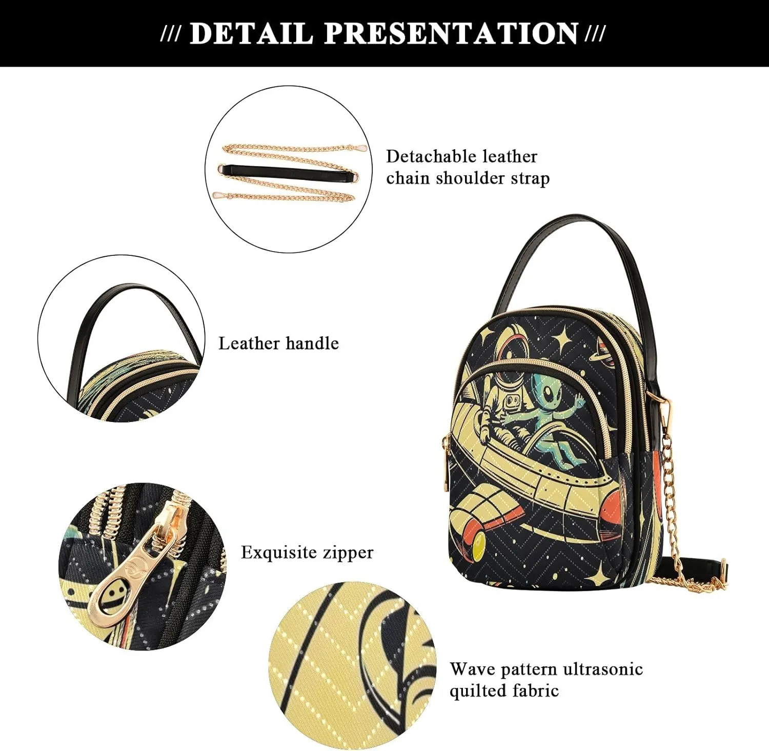 Joisal Cartoon Astronaut and Alien Purses for Women Crossbody Bag Triple Zip Handbag for Women, Cell Phone Purse Crossbody