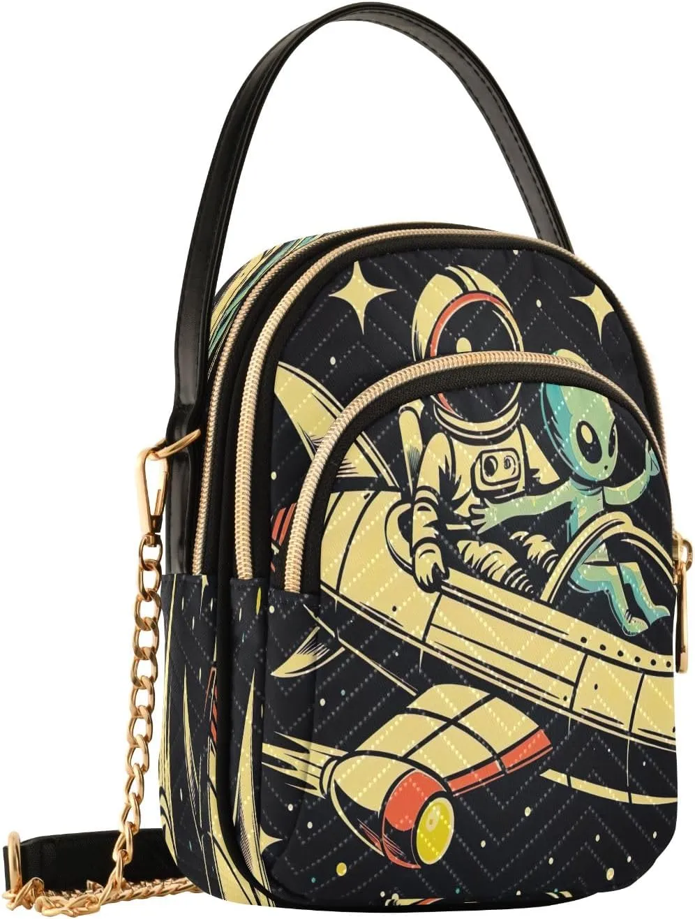 Joisal Cartoon Astronaut and Alien Purses for Women Crossbody Bag Triple Zip Handbag for Women, Cell Phone Purse Crossbody