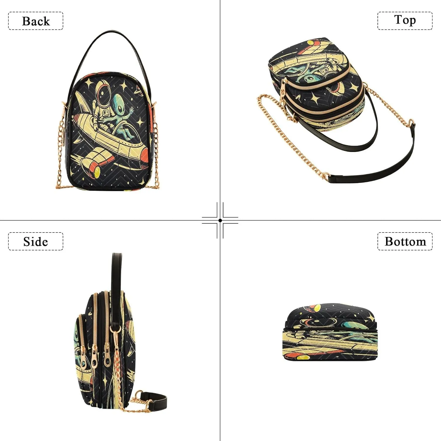Joisal Cartoon Astronaut and Alien Purses for Women Crossbody Bag Triple Zip Handbag for Women, Cell Phone Purse Crossbody