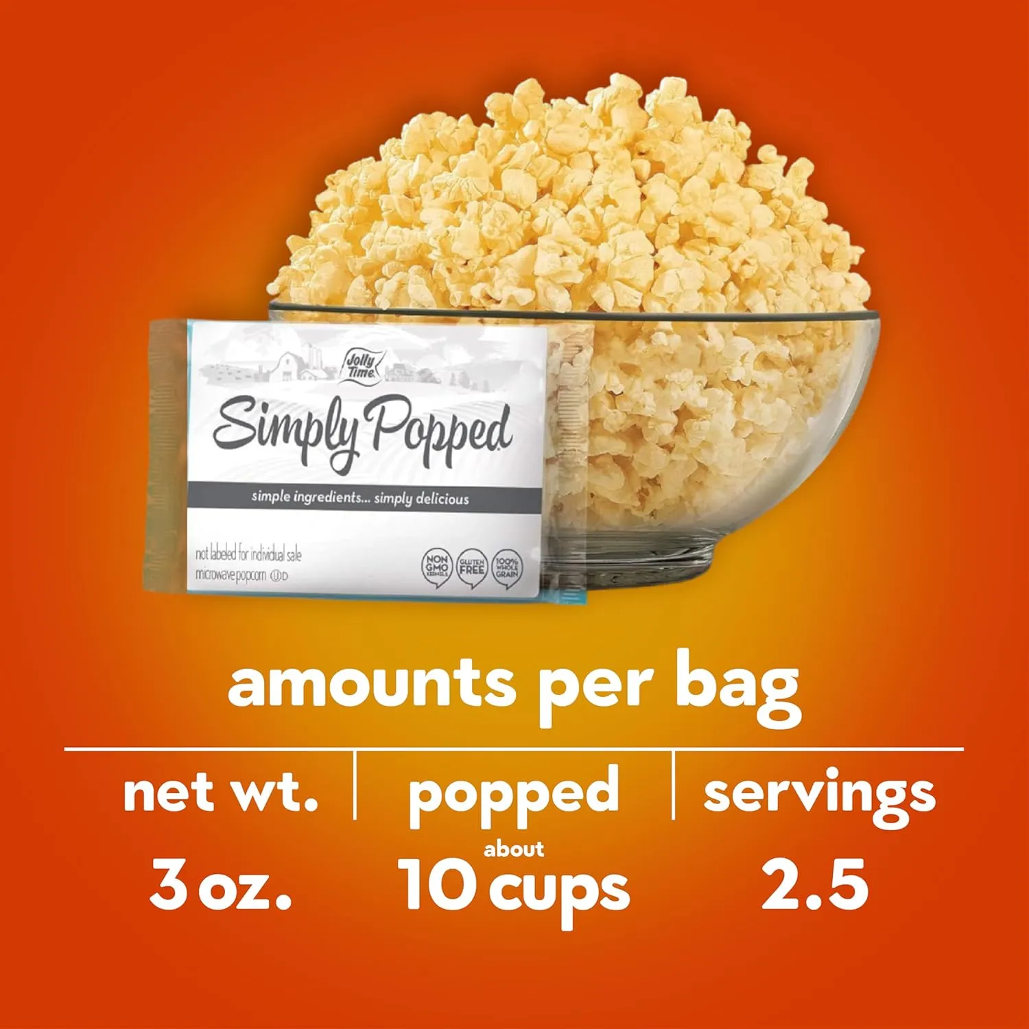 Jolly Time Simply Popped, Vegan, Dairy Free Microwave Popcorn, 3oz Sharing Bag, 3 Bags Per Carton (Simply Popped Sea Salt, 3 Ounce (Pack of 36))