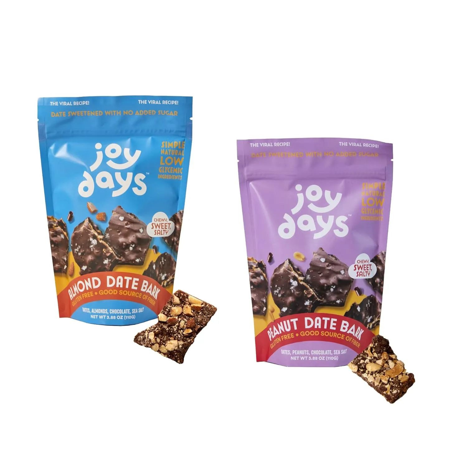 Joydays Dark Chocolate Date Bark, 2 Flavor Pack (Peanut & Almond), Dates, Sea Salt, Roasted Peanuts or Almonds, Gluten Free, Vegan, Healthier Snacks for Adults & Kids, No Added Sugar, 3.88 oz Bags