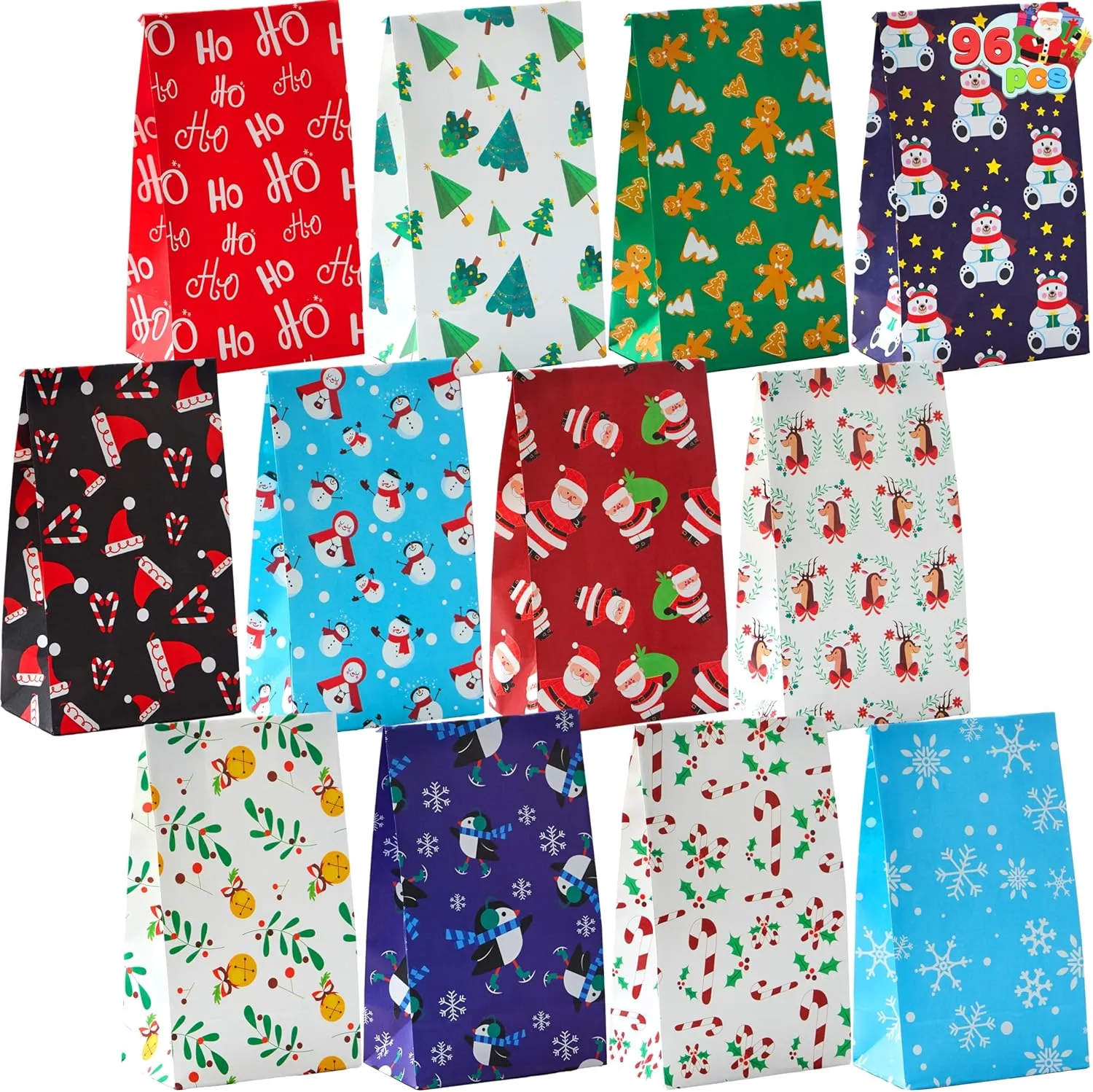 JOYIN 96 Pcs Christmas Goody Bags with 12 Designs Xmas Goodie Gift Bags for Xmas Party Supplies, Holiday Treat Bags