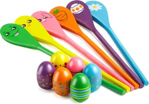 JOYIN Easter 12PCS Egg and Spoon Race Game Set, 6 Woodeen Egg and Spoons with Assorted Colors Outdoor Games, Party Favor Supplies