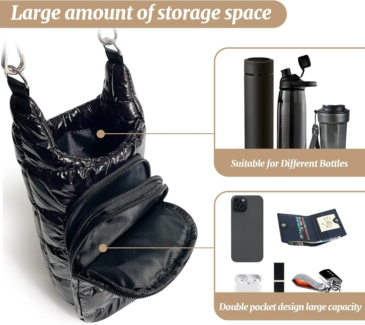 JSLOOO Quilted Hydrobag with Pockets - Crossbody Water Bottle Carrier and Holder