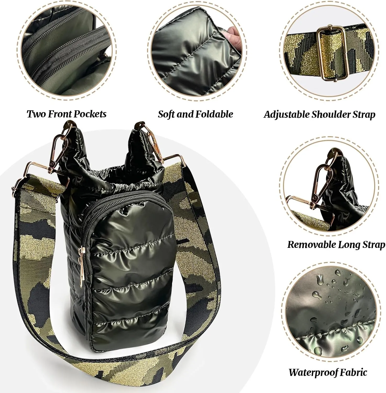 JSLOOO Quilted Hydrobag with Pockets - Crossbody Water Bottle Carrier and Holder