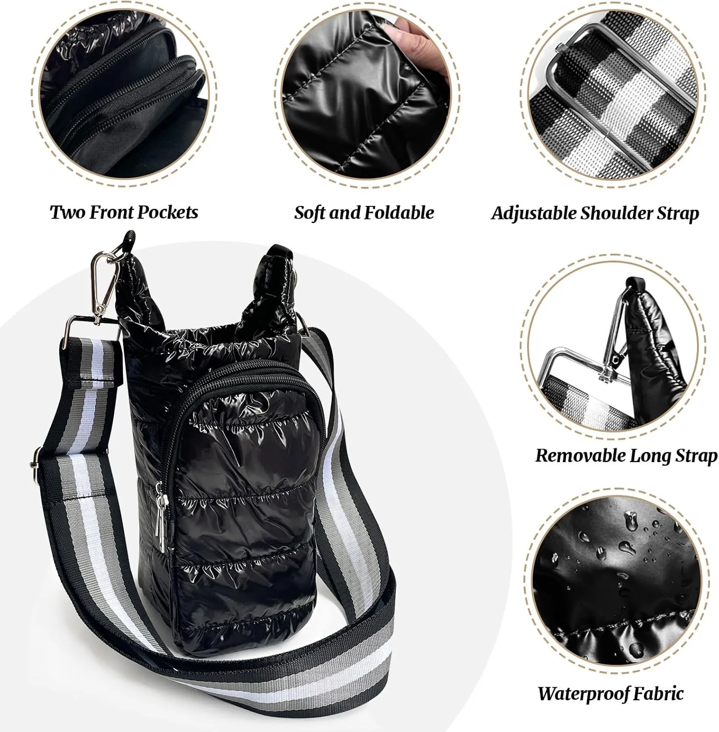 JSLOOO Quilted Hydrobag with Pockets - Crossbody Water Bottle Carrier and Holder