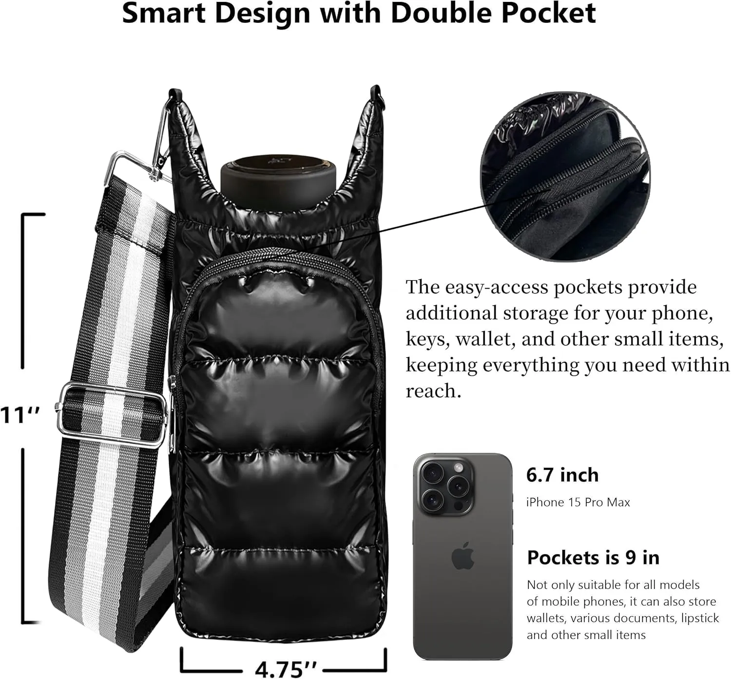 JSLOOO Quilted Hydrobag with Pockets - Crossbody Water Bottle Carrier and Holder