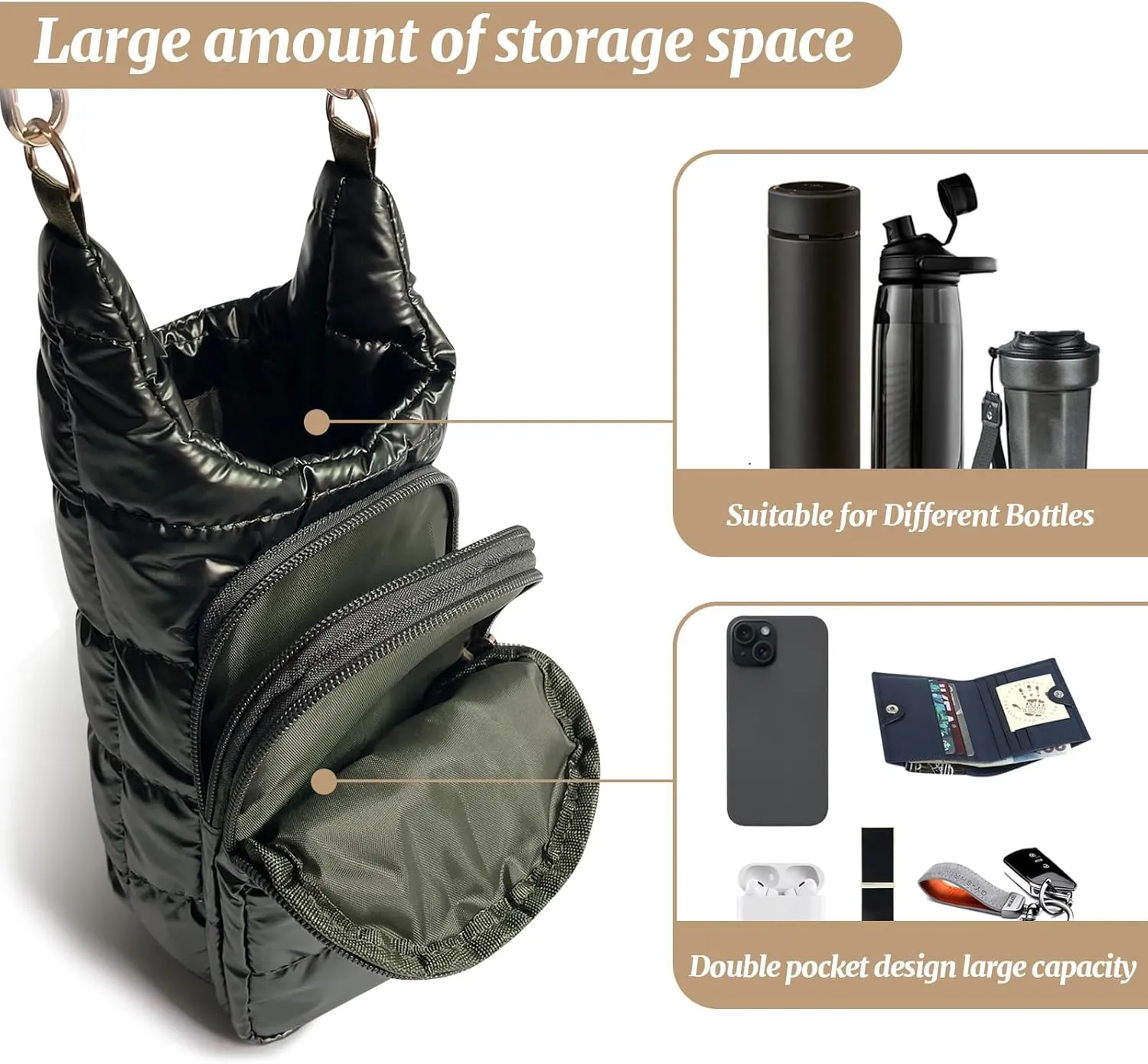 JSLOOO Quilted Hydrobag with Pockets - Crossbody Water Bottle Carrier and Holder