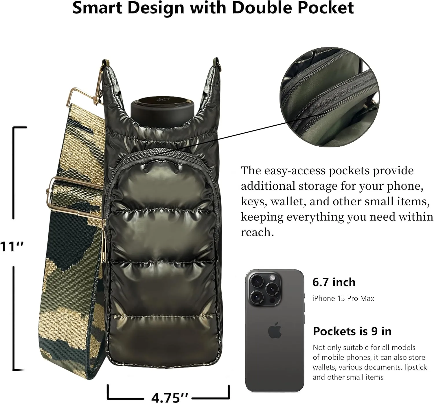 JSLOOO Quilted Hydrobag with Pockets - Crossbody Water Bottle Carrier and Holder