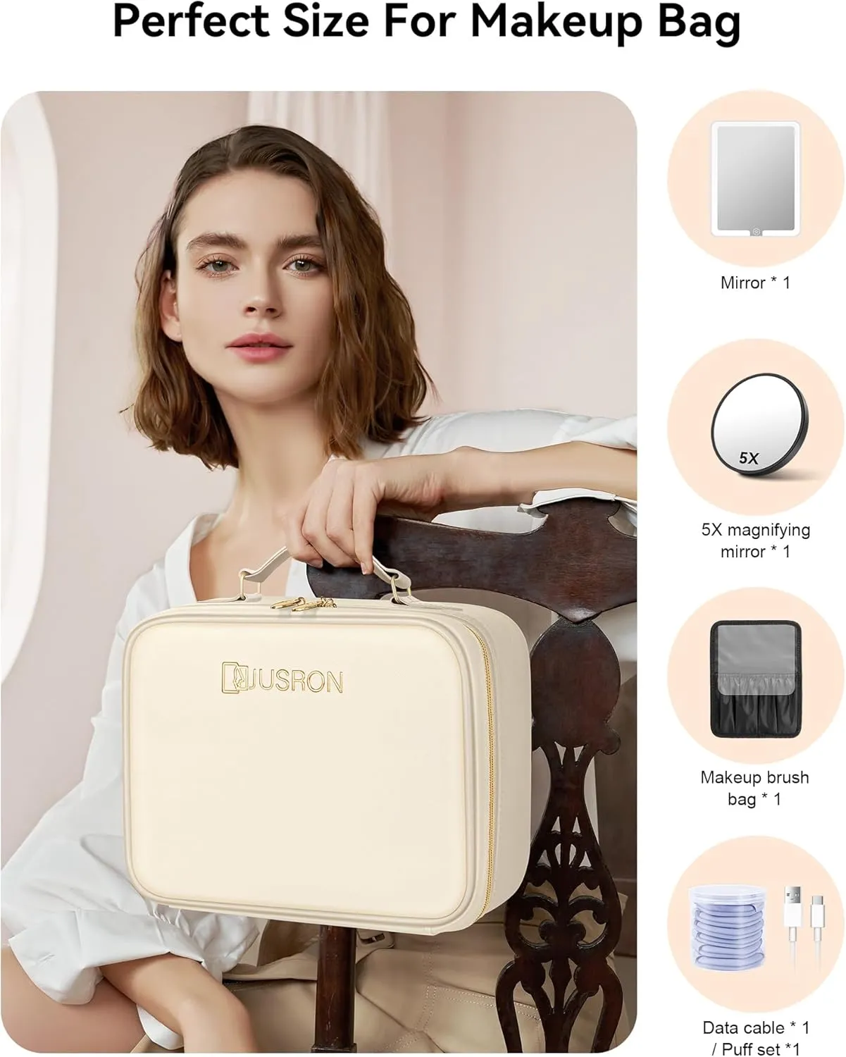 JUSRON Travel Makeup Bag With LED Mirror, Cosmetic Train Case with Light up Mirror, Portable Makeup Artist Organizer Bag with Adjustable Dividers, Makeup Brush Holder Storage (White, Large)