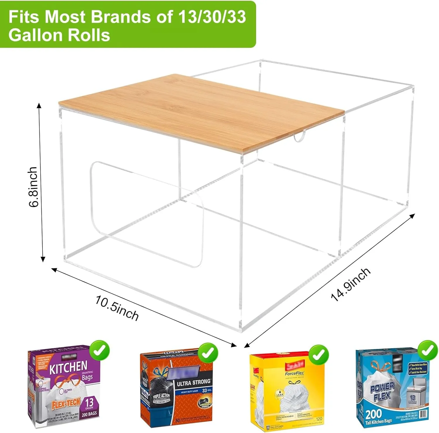 JYPS 2-in-1 Trash Bag Dispenser Holder Bamboo Lid, 19.5" Etra Large Clear Acrylic Garbage Bag Storage, Kitchen Laundry Room Bathroom Organization, Pantry Container & Under Sink Organizer For 13-33 Gal