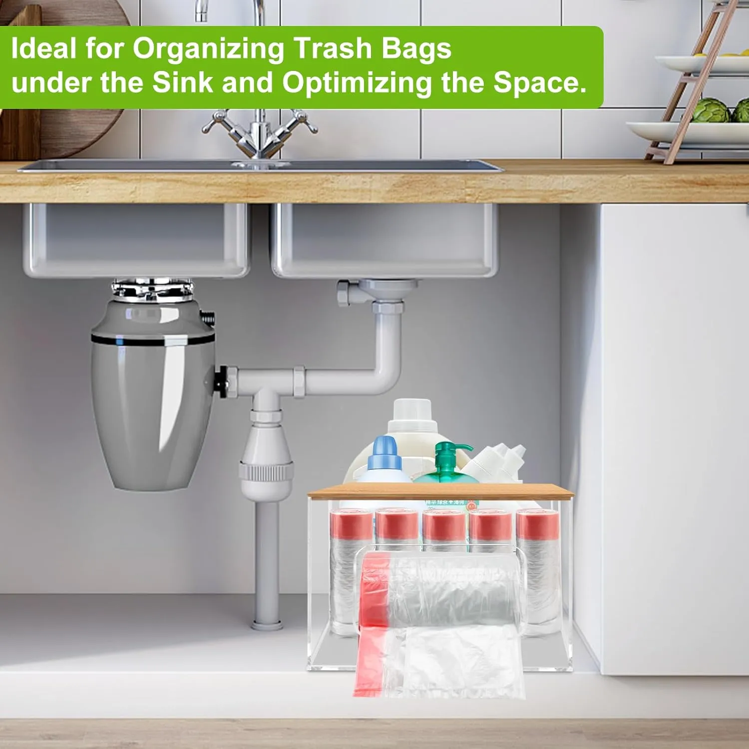 JYPS 2-in-1 Trash Bag Dispenser Holder Bamboo Lid, 19.5" Etra Large Clear Acrylic Garbage Bag Storage, Kitchen Laundry Room Bathroom Organization, Pantry Container & Under Sink Organizer For 13-33 Gal