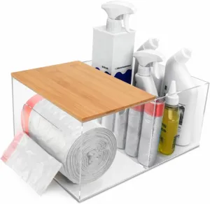 JYPS 2-in-1 Trash Bag Dispenser Holder Bamboo Lid, 19.5" Etra Large Clear Acrylic Garbage Bag Storage, Kitchen Laundry Room Bathroom Organization, Pantry Container & Under Sink Organizer For 13-33 Gal