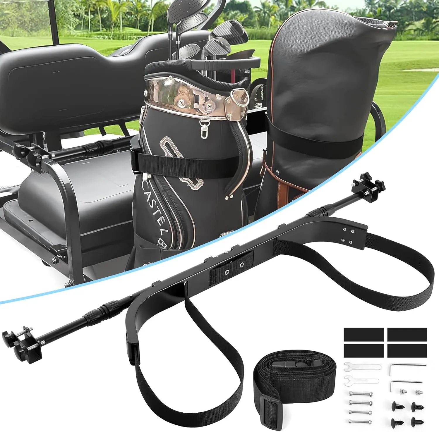 Kartols Golf cart Bag Holder Bracket No-Drilling Golf Club Holder for 2 2 Golf Cart Rear Seat for Yamaha, EZGO, Club Car, with 1 Inch Square Tube, Universal Golf cart Accessories Adjustable