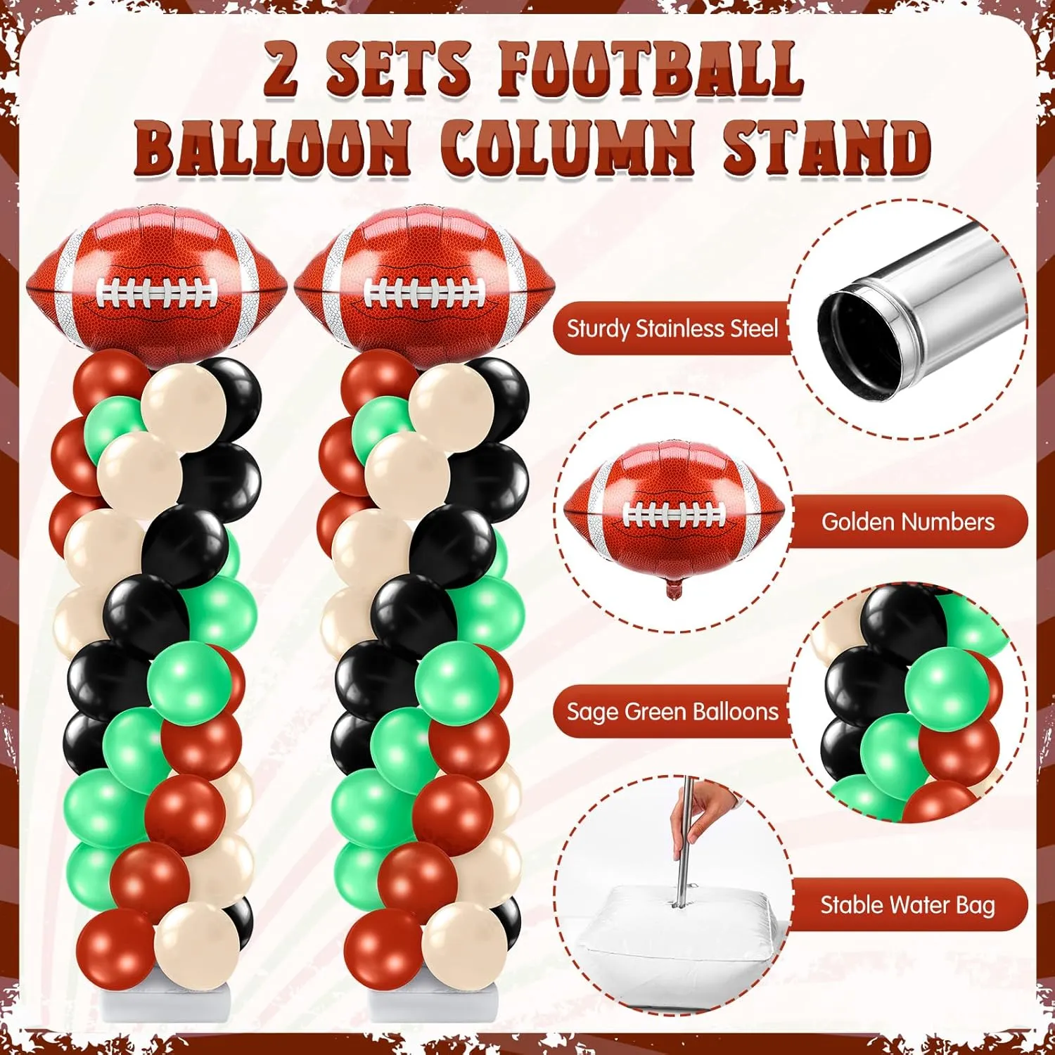 Kasyat 2 Sets Football Party Balloon Column Stand Kit with 2 Football Foil Balloons 100 Latex Balloons, Adjustable Balloon Stands for Game Sports Birthday Party Themed Decorations