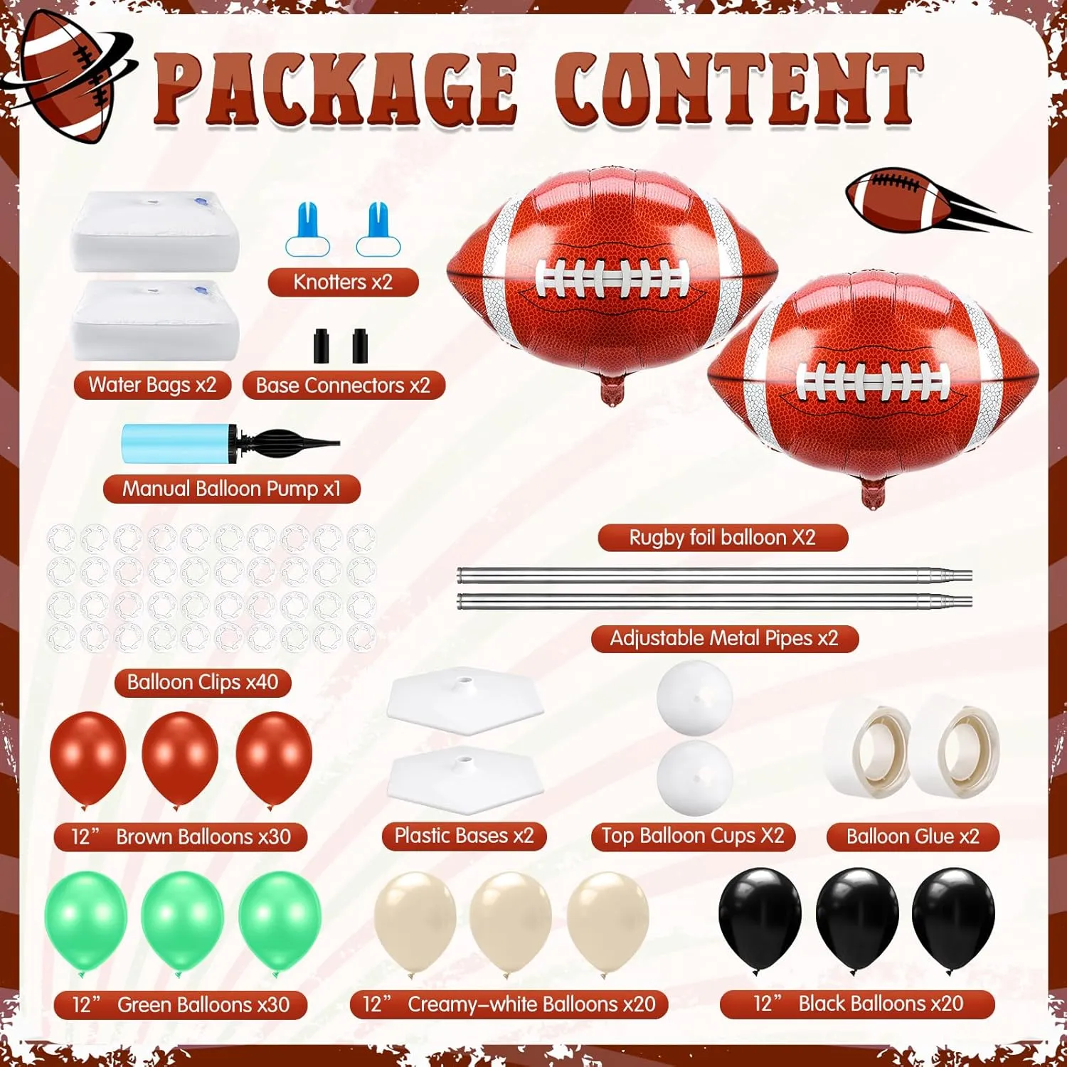 Kasyat 2 Sets Football Party Balloon Column Stand Kit with 2 Football Foil Balloons 100 Latex Balloons, Adjustable Balloon Stands for Game Sports Birthday Party Themed Decorations