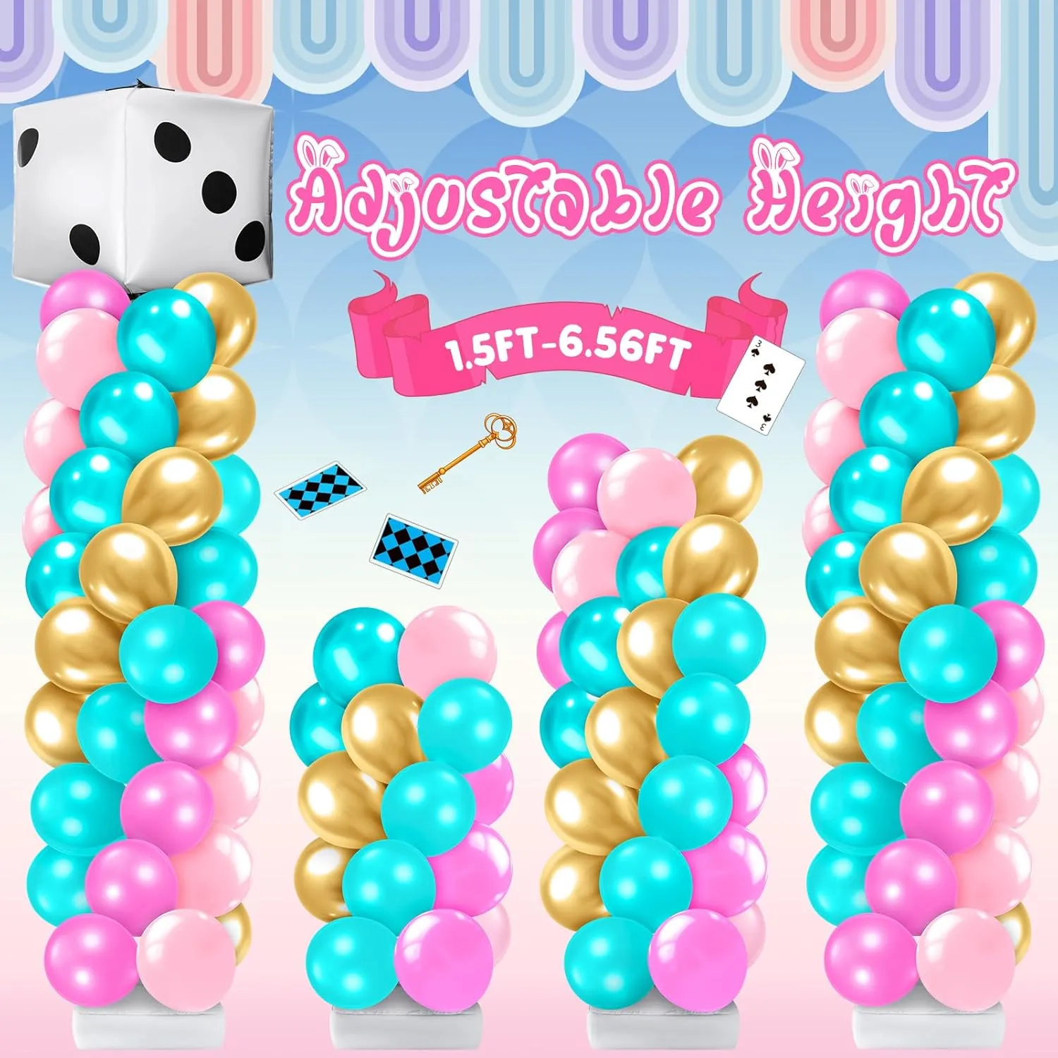 Kasyat 2 Sets Wonderland Balloon Column Stand Kit Pink Teal Gold Garland Arch Kit with Dice Poker Playing Card Foil Balloon for Birthday Party, Baby Shower, Tea Party Decorations