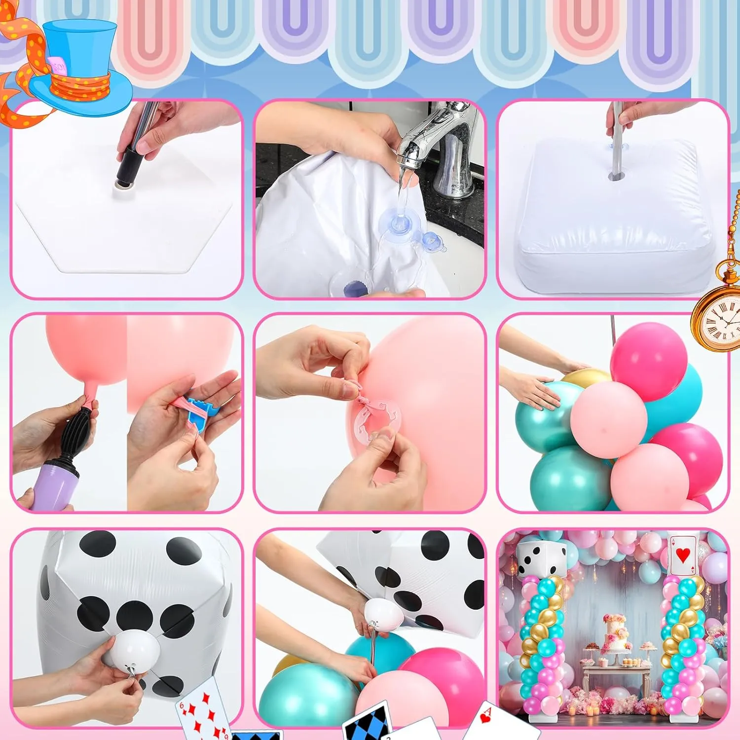 Kasyat 2 Sets Wonderland Balloon Column Stand Kit Pink Teal Gold Garland Arch Kit with Dice Poker Playing Card Foil Balloon for Birthday Party, Baby Shower, Tea Party Decorations