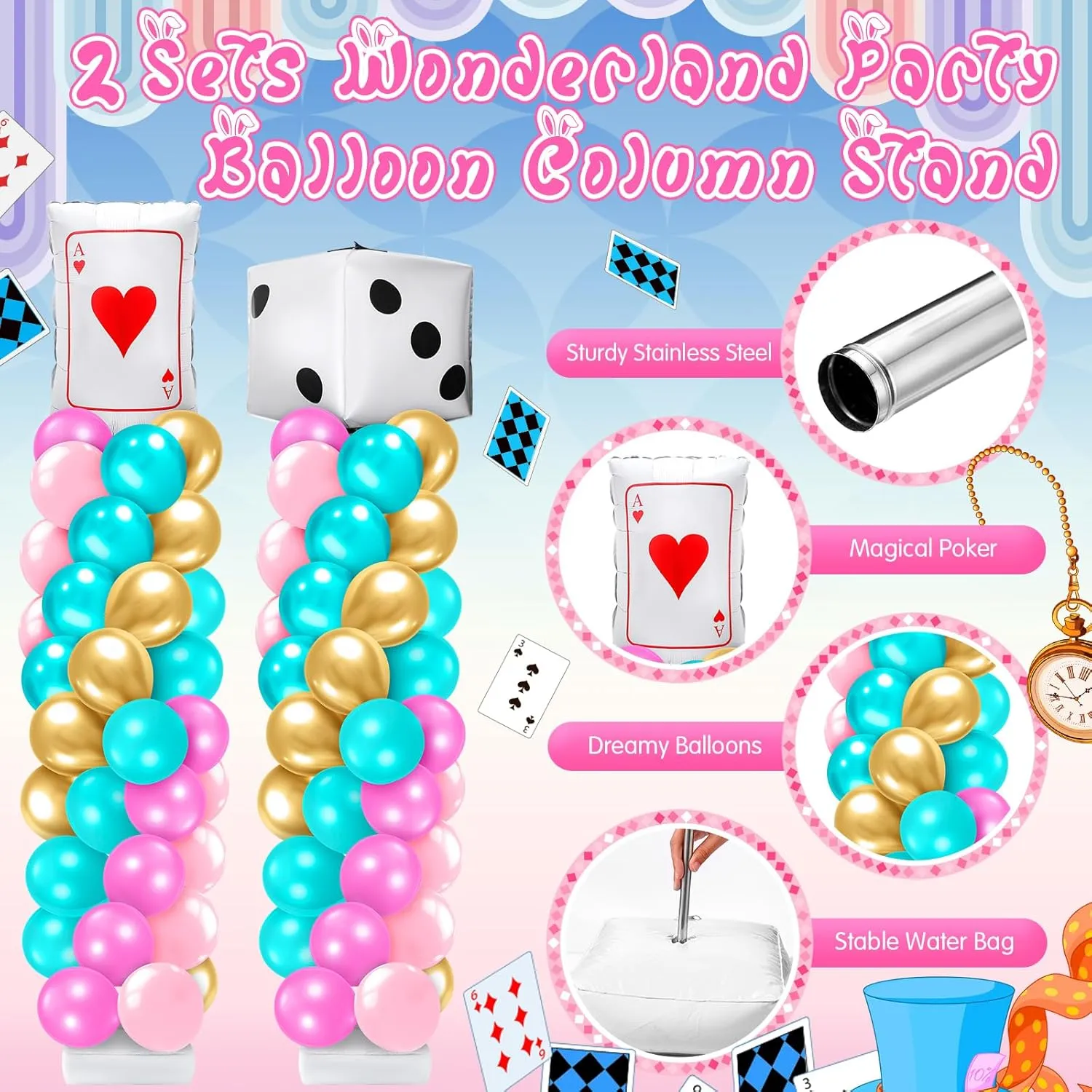 Kasyat 2 Sets Wonderland Balloon Column Stand Kit Pink Teal Gold Garland Arch Kit with Dice Poker Playing Card Foil Balloon for Birthday Party, Baby Shower, Tea Party Decorations