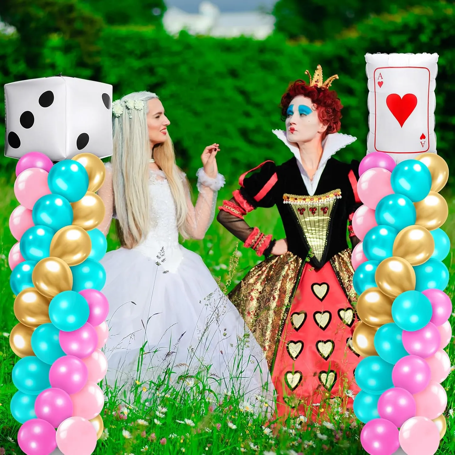 Kasyat 2 Sets Wonderland Balloon Column Stand Kit Pink Teal Gold Garland Arch Kit with Dice Poker Playing Card Foil Balloon for Birthday Party, Baby Shower, Tea Party Decorations