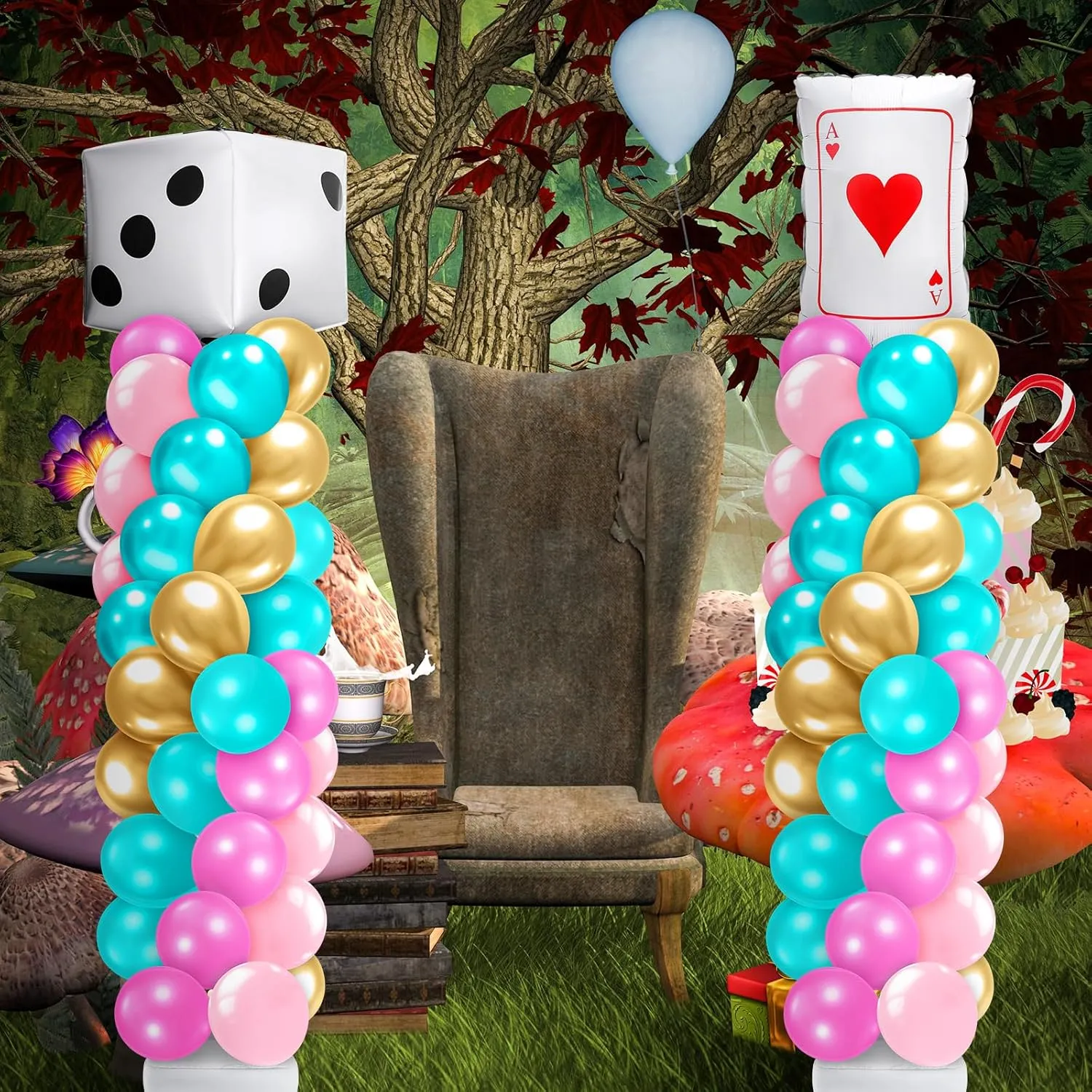 Kasyat 2 Sets Wonderland Balloon Column Stand Kit Pink Teal Gold Garland Arch Kit with Dice Poker Playing Card Foil Balloon for Birthday Party, Baby Shower, Tea Party Decorations