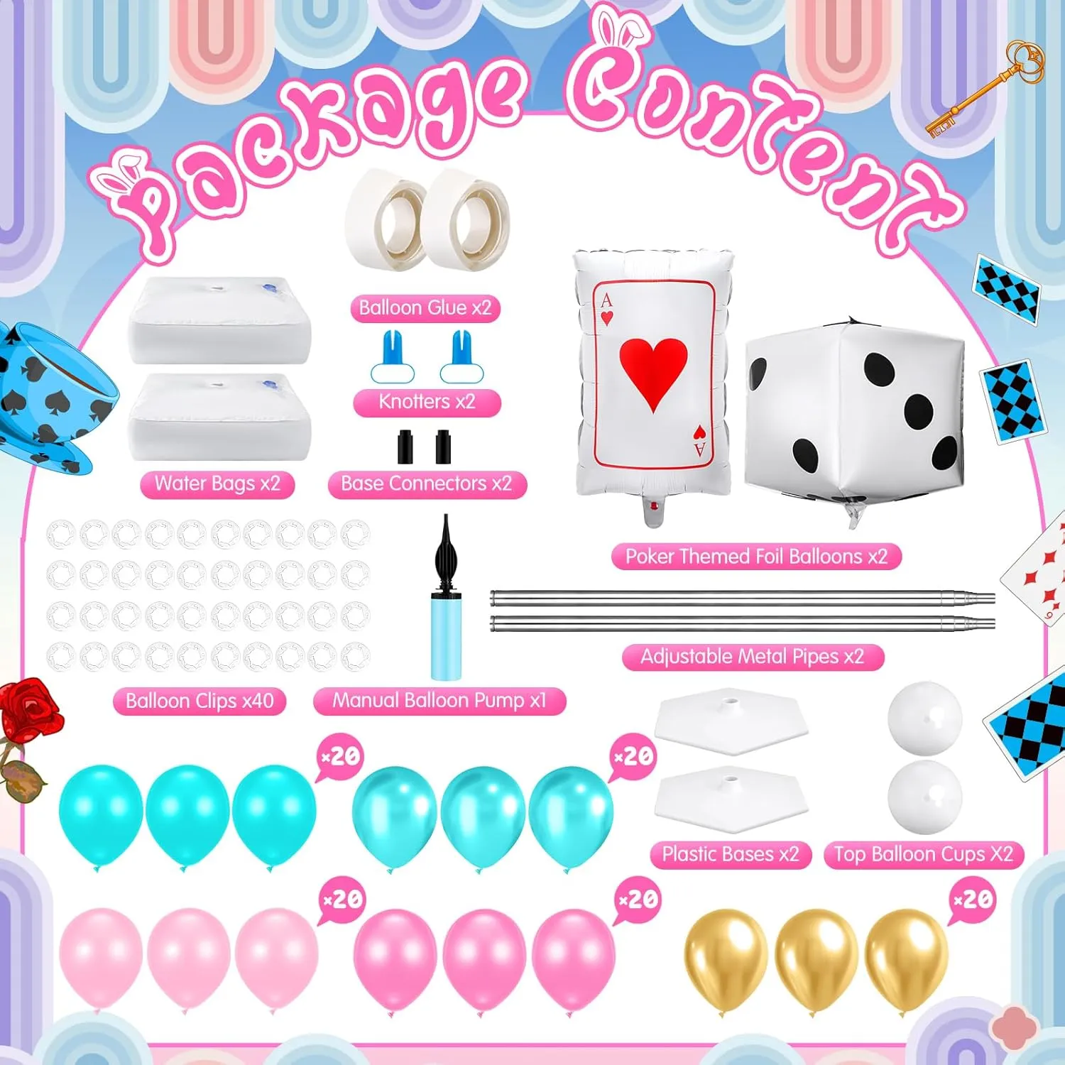 Kasyat 2 Sets Wonderland Balloon Column Stand Kit Pink Teal Gold Garland Arch Kit with Dice Poker Playing Card Foil Balloon for Birthday Party, Baby Shower, Tea Party Decorations