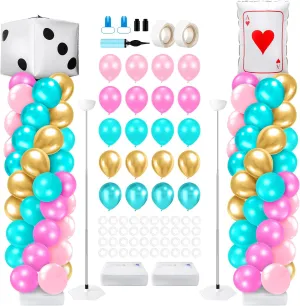 Kasyat 2 Sets Wonderland Balloon Column Stand Kit Pink Teal Gold Garland Arch Kit with Dice Poker Playing Card Foil Balloon for Birthday Party, Baby Shower, Tea Party Decorations