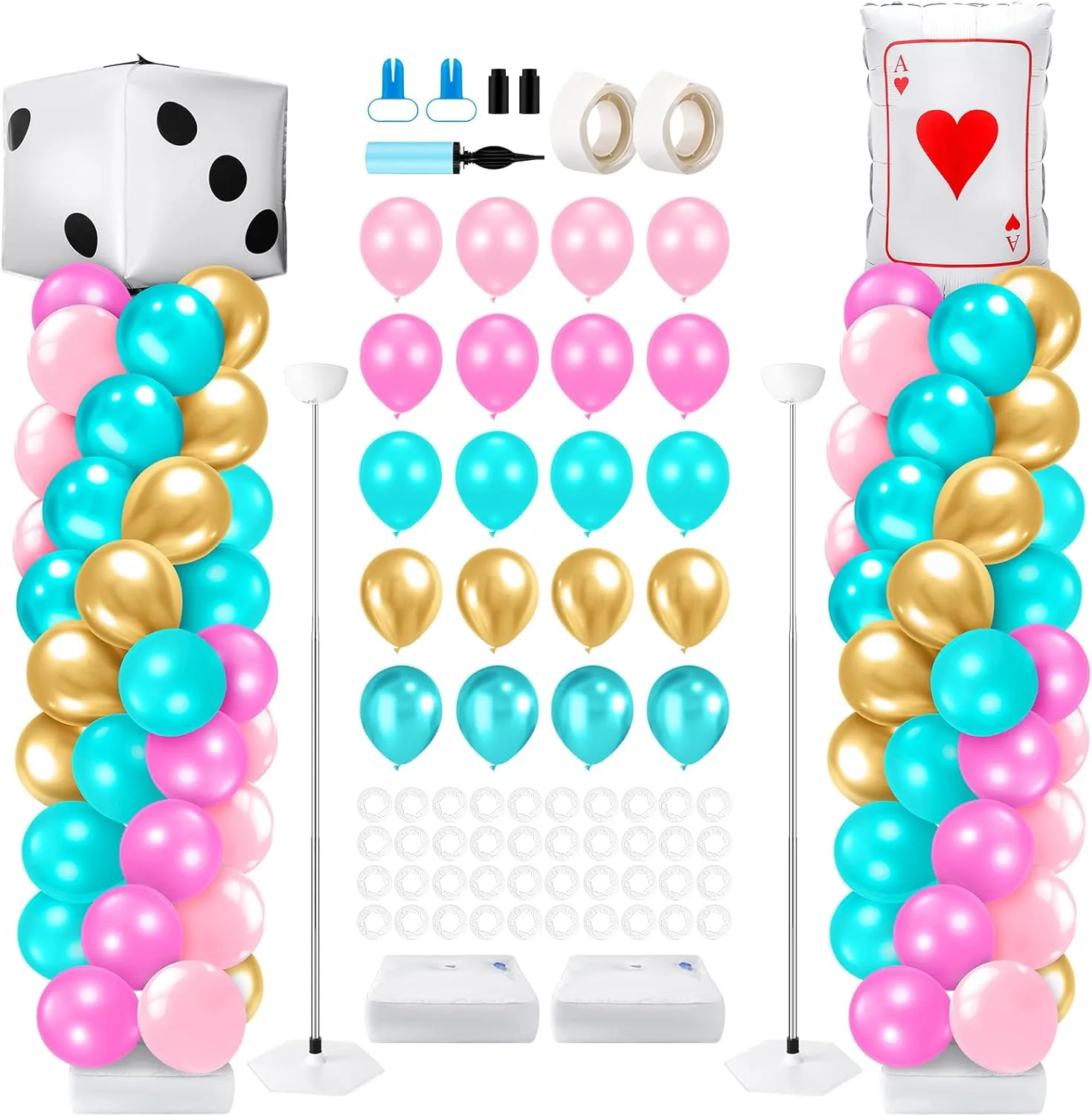Kasyat 2 Sets Wonderland Balloon Column Stand Kit Pink Teal Gold Garland Arch Kit with Dice Poker Playing Card Foil Balloon for Birthday Party, Baby Shower, Tea Party Decorations