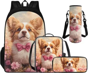 Kawaii Dog Backpack for Girls 6-8, Elementary School Backpack for Girls Back to School Back Pack 4 PCS Set Cute Pencil Case and Water Bottle Holder Bookbag Accessories Sets for Girl Study