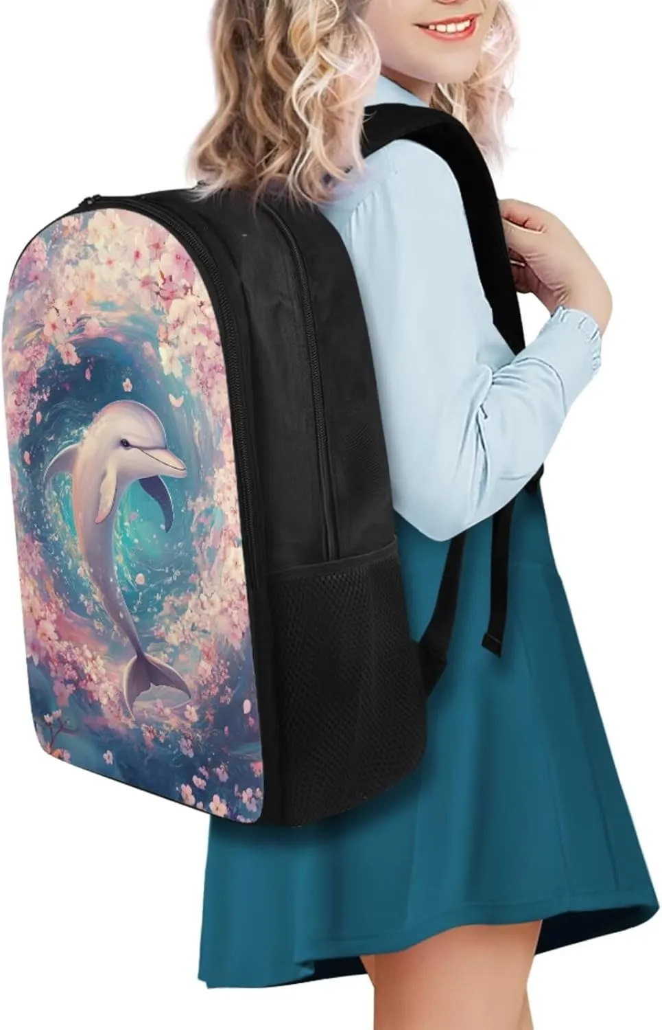 Kawaii Dolphin Backpack for Kids 5-7, Cute Animal Print Backpack Lunch Bag Pencil Case and Water Bottle Holder 4 PCS Set Large Capacity Bookbag Set for Extracurricular Activity