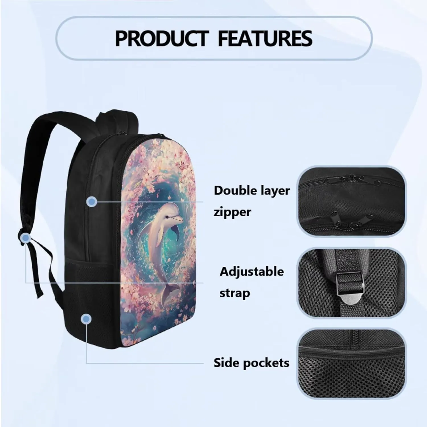 Kawaii Dolphin Backpack for Kids 5-7, Cute Animal Print Backpack Lunch Bag Pencil Case and Water Bottle Holder 4 PCS Set Large Capacity Bookbag Set for Extracurricular Activity