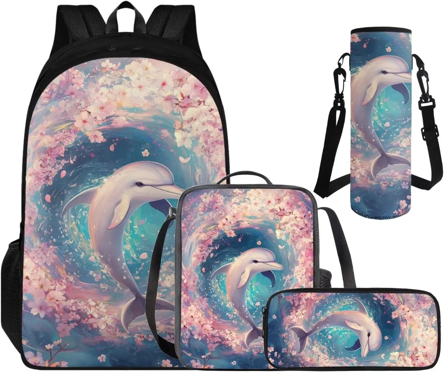 Kawaii Dolphin Backpack for Kids 5-7, Cute Animal Print Backpack Lunch Bag Pencil Case and Water Bottle Holder 4 PCS Set Large Capacity Bookbag Set for Extracurricular Activity