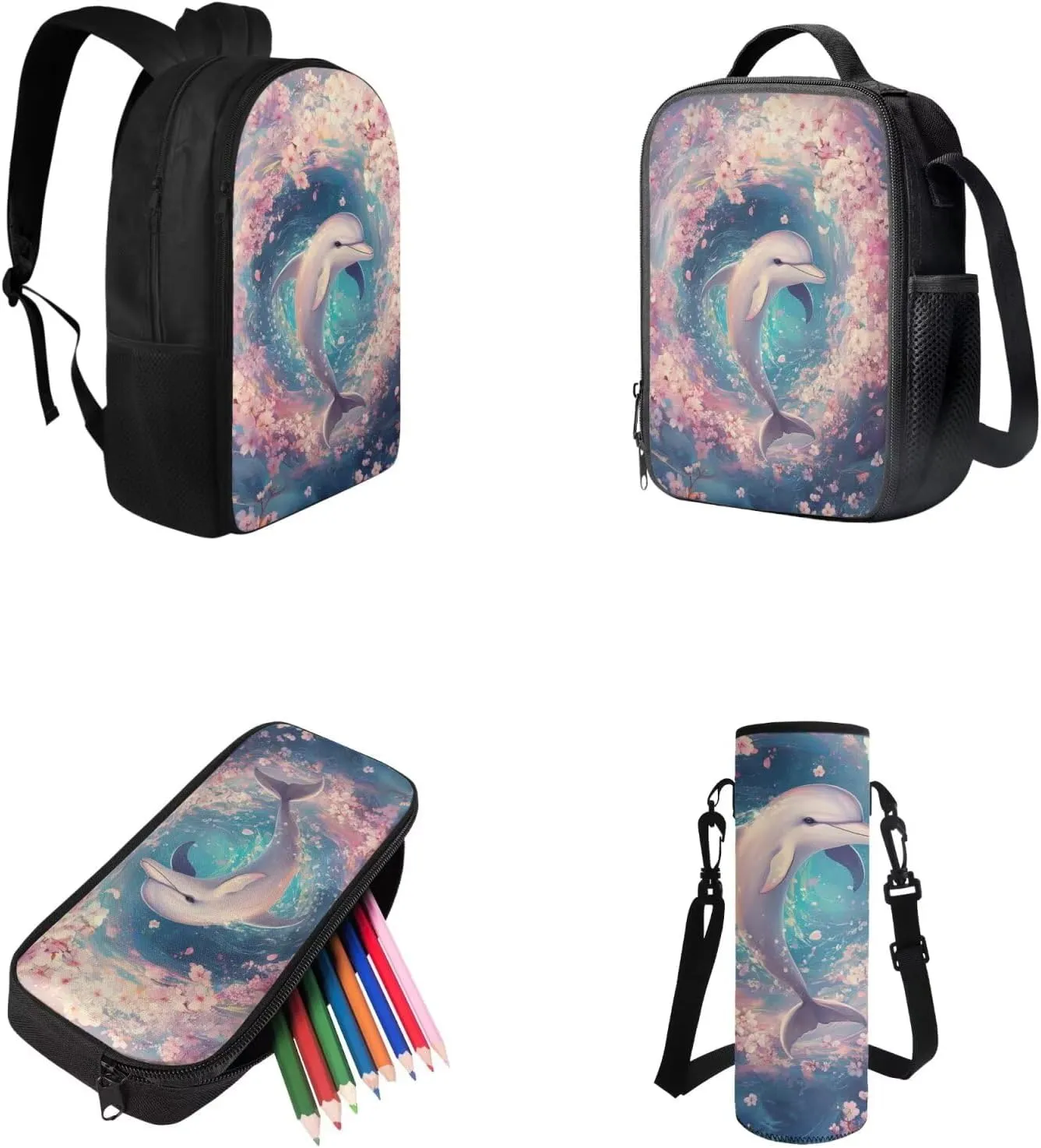 Kawaii Dolphin Backpack for Kids 5-7, Cute Animal Print Backpack Lunch Bag Pencil Case and Water Bottle Holder 4 PCS Set Large Capacity Bookbag Set for Extracurricular Activity