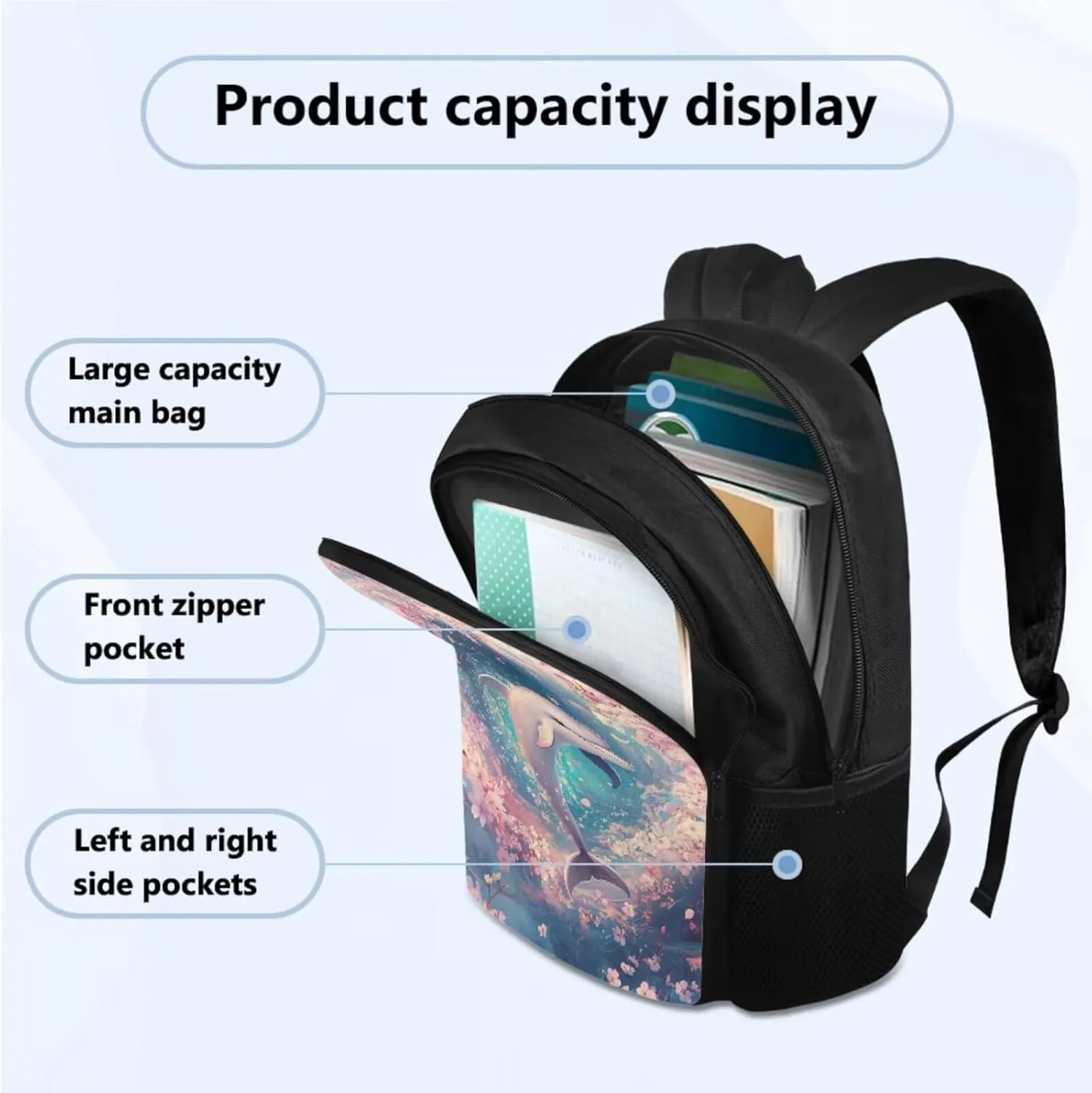Kawaii Dolphin Backpack for Kids 5-7, Cute Animal Print Backpack Lunch Bag Pencil Case and Water Bottle Holder 4 PCS Set Large Capacity Bookbag Set for Extracurricular Activity