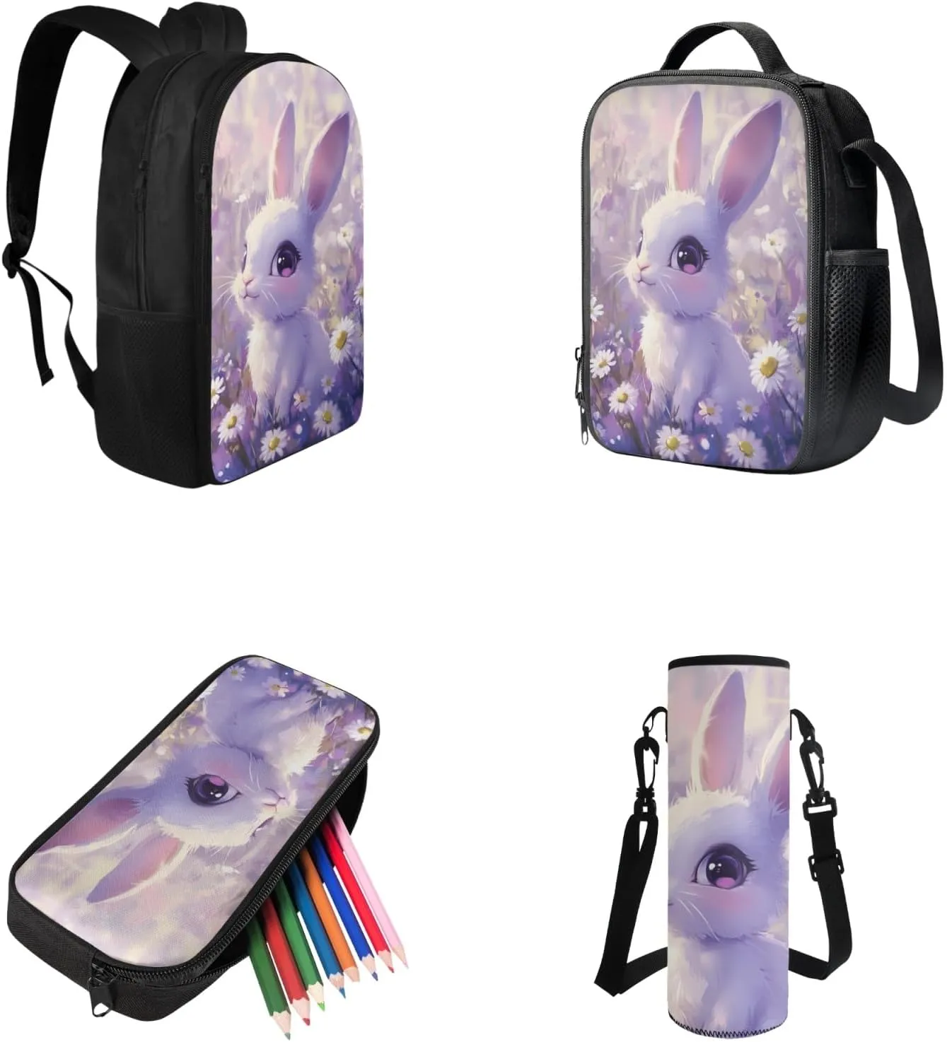 Kawaii Rabbit Backpack with Lunch Bag for Girls Ages 6-8, Backpack and Lunchbox for Girl Pencil Case and Water Bottle Holder 4 PCS Set Adorable Study Supplies for Extracurricular Activity