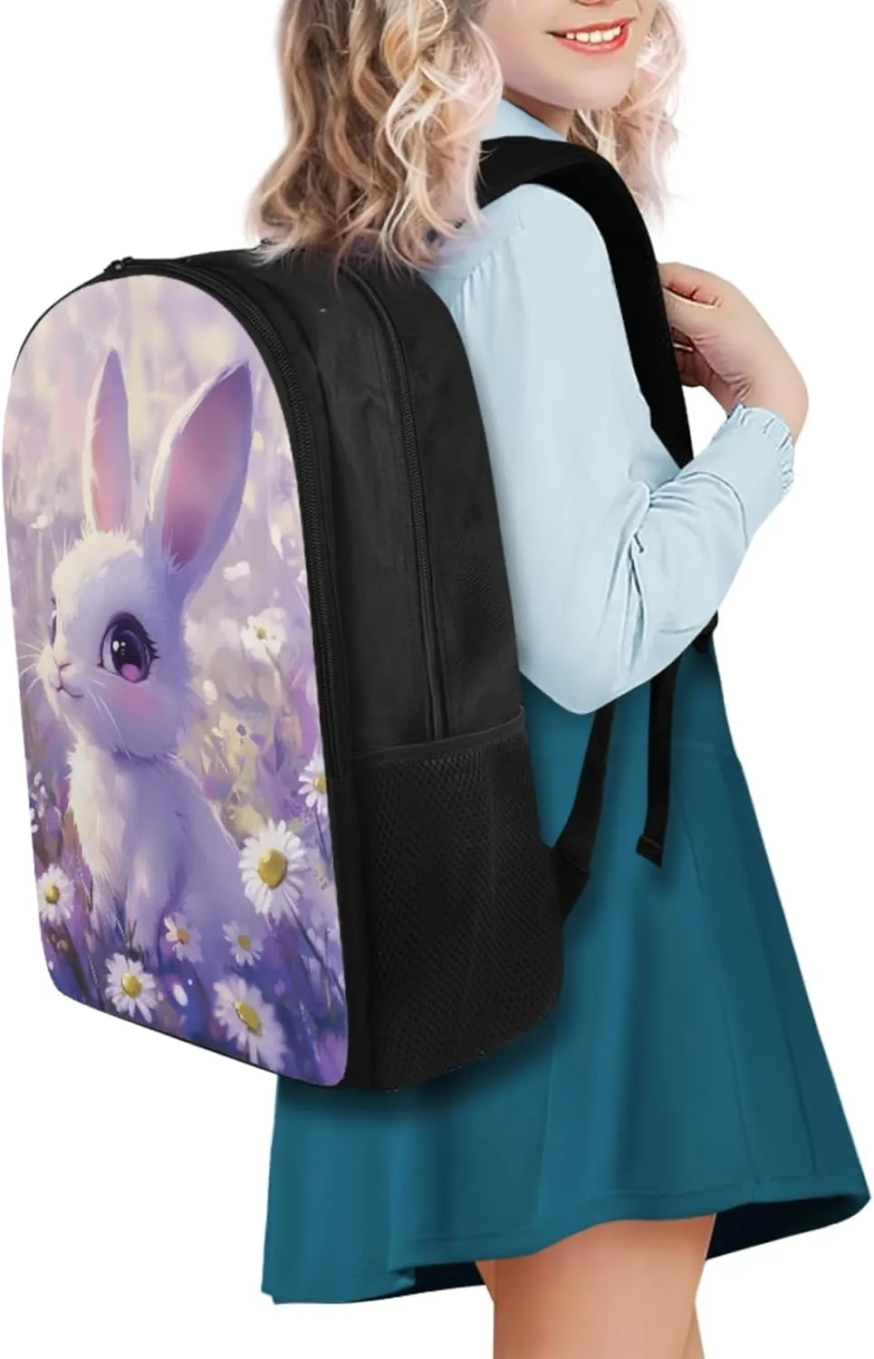 Kawaii Rabbit Backpack with Lunch Bag for Girls Ages 6-8, Backpack and Lunchbox for Girl Pencil Case and Water Bottle Holder 4 PCS Set Adorable Study Supplies for Extracurricular Activity