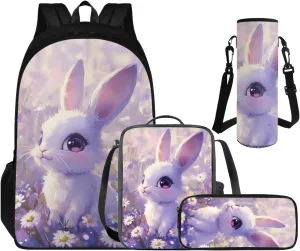Kawaii Rabbit Backpack with Lunch Bag for Girls Ages 6-8, Backpack and Lunchbox for Girl Pencil Case and Water Bottle Holder 4 PCS Set Adorable Study Supplies for Extracurricular Activity