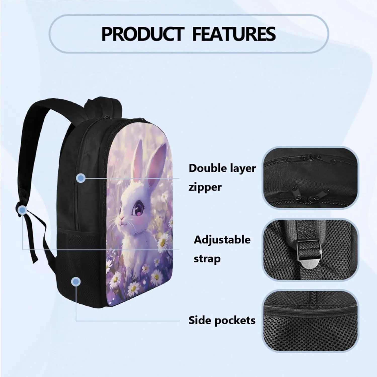 Kawaii Rabbit Backpack with Lunch Bag for Girls Ages 6-8, Backpack and Lunchbox for Girl Pencil Case and Water Bottle Holder 4 PCS Set Adorable Study Supplies for Extracurricular Activity