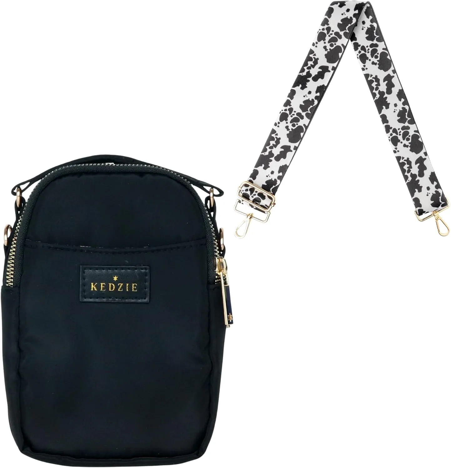 KEDZIE Crosstown Crossbody Zipper Bag (Black) & Interchangeable 2-Inch Bag Strap (Deja Moo)