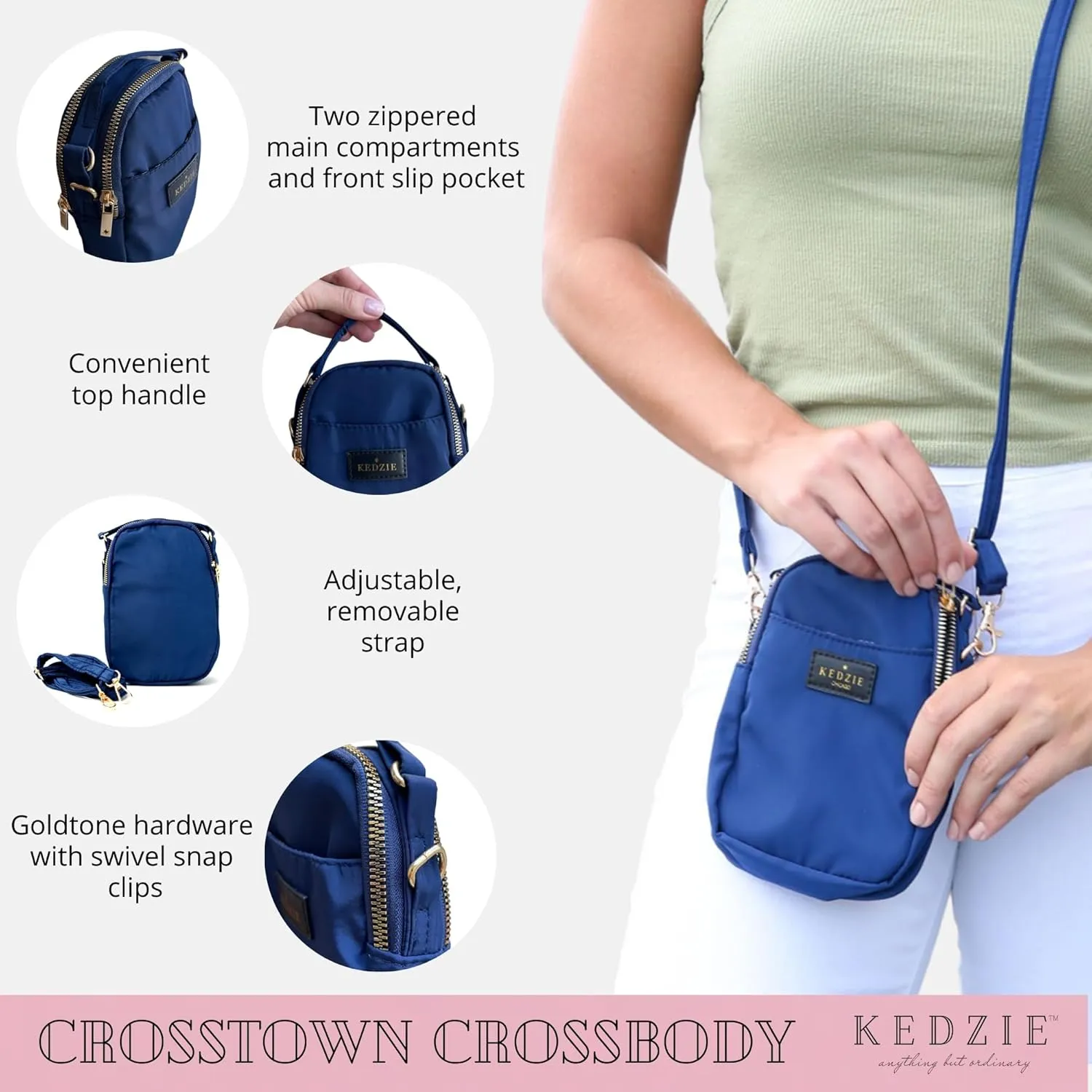 KEDZIE Crosstown Crossbody Zipper Bag with Adjustable Strap